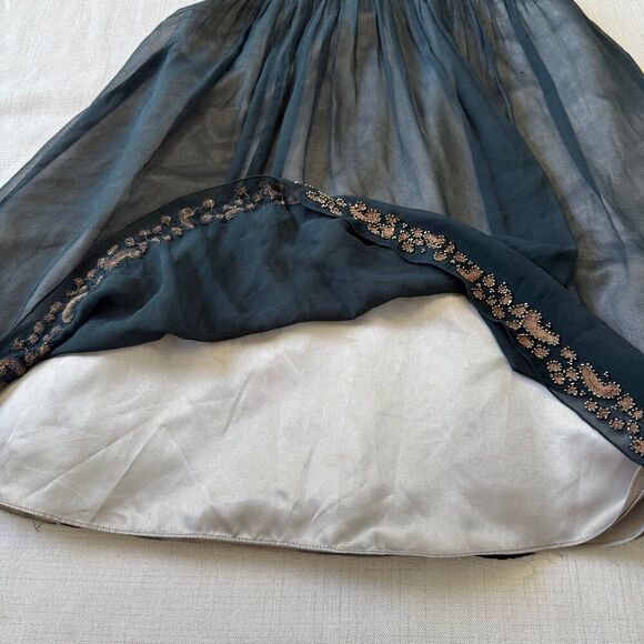 Adrianna Papell Navy Silk Pleated Babydoll Beaded Whimsigoth Grunge Prom Gown 6 - Picture 8 of 13